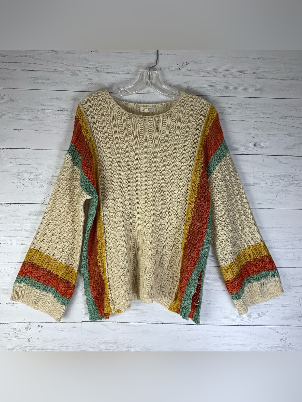 Mystree womens sweater small Beige Yellow orange Acrylic Long Sleeve Side Slit